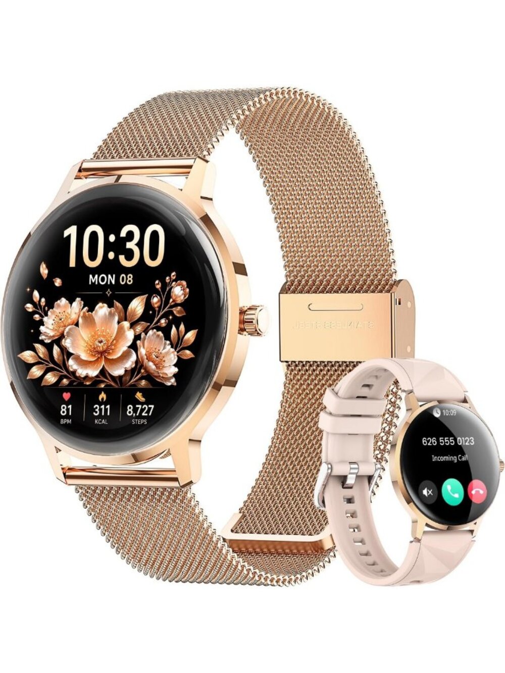 WalkerFit Smart Watch for Women Android/iPhone, 1.32" Curved AMOLED 2 Bands